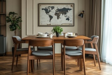 Stylish dining room interior with mock up poster map, wooden walnut table, design chairs, cup of coffee, decoration, tableware and elegant personal accessories in home decor, Generative AI