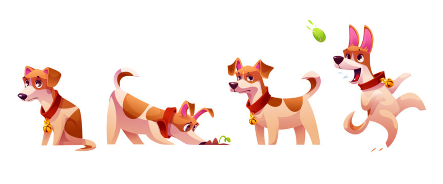 Dog emotions set isolated on white background. Vector cartoon illustration of jack russell terrier puppy sitting lonely and sad, sniffing ground, standing, actively playing with ball, cute pet friend