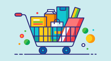 Shopping cart filled with products in flat vector style