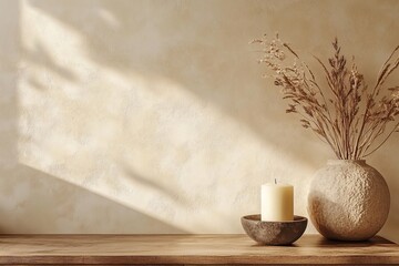 Minimalist interior with a textured beige wall, modern sculptures, and a unique candle holder on a wooden sideboard. Perfect blend of earthy tones and, Generative AI