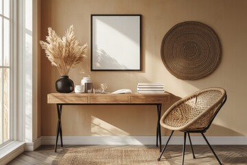 Interior design of warm workplace interior with mock up poster frame, wooden desk, rattan chair, black rack, carpet, vase with dried flowers, books and personal accessories. Home decor, Generative AI