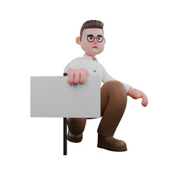 Animated Professional Sociologist. A male sociologist kneels beside a white board with his right hand holding the top of the board. Societal Cartoon