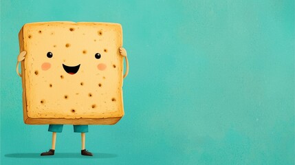 A cheerful cartoon character designed as a smiling graham cracker, standing against a bright teal background.