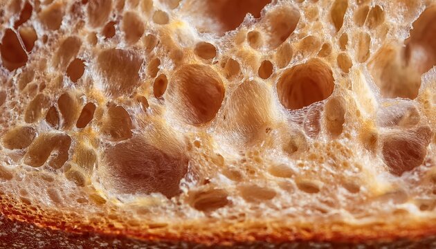 Ultra Close Macro Shot of Artisan Sourdough Bread Crumb with Open Crumb Structure, Golden Brown Crust, and Airy Pockets, Perfect for Culinary Textures, Baking Art, and Food Science Concepts






