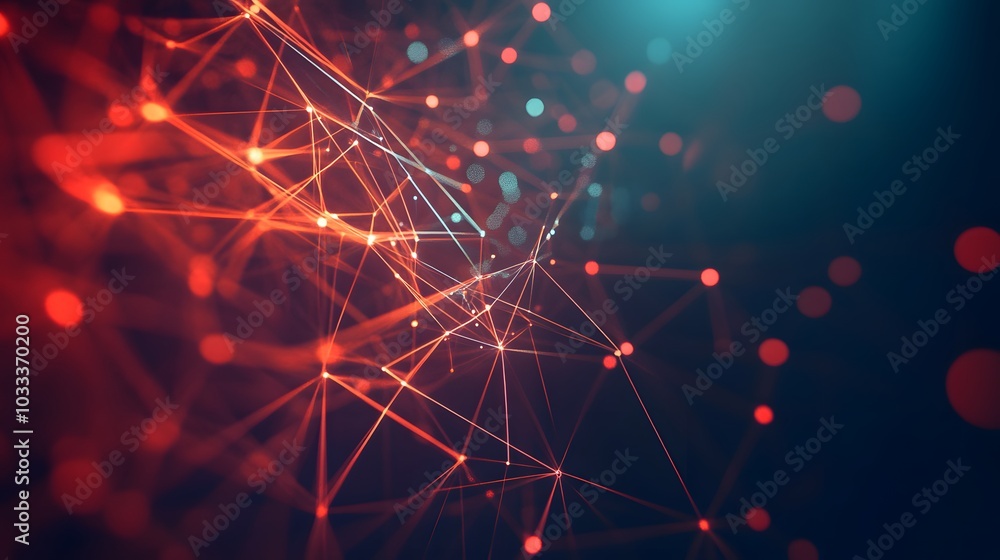 Poster abstract network of interconnected lines and glowing red and blue dots