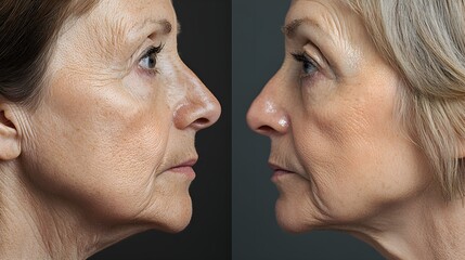 Side-by-side facial comparison of a patient pre- and post-facelift, featuring drooping skin and deep wrinkles transformed into a lifted, smooth appearance