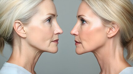 Side-by-side view of a woman's facial transformation after a facelift, highlighting lifted features and smoother skin texture, Realistic, Clean Background