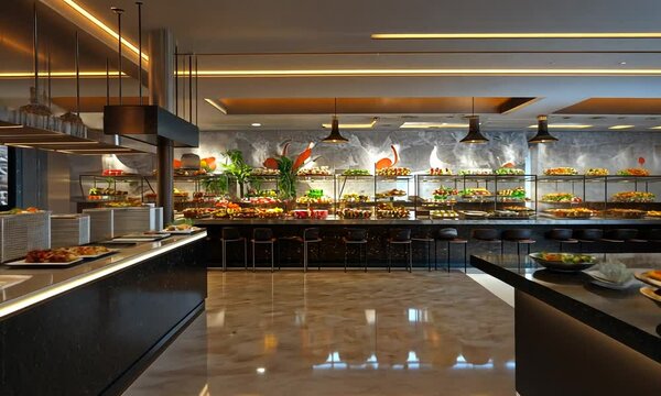 A modern buffet restaurant showcasing a variety of colorful dishes and elegant decor.