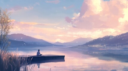 A serene lakeside scene at sunset, featuring a person meditating on a dock surrounded by nature.