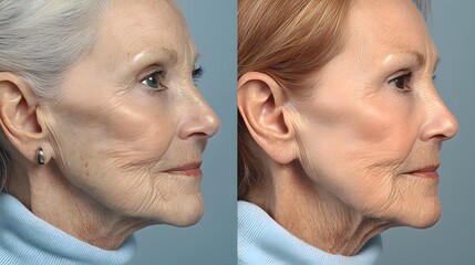 Before-and-after facelift results, close-up on reduced fine lines and deep wrinkles, realistic skin textures, Digital Rendering, High Detail