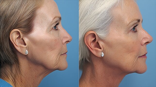 Facelift journey with visual timeline, showing before photos with sagging neck and jowls, and after images revealing a lifted, firmer, and rejuvenated face