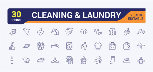 Laundry icons. Set of washing and cleaning minimal icon. Washing machine, dryer, clothes, detergent, fabric, dress. Vector illustration