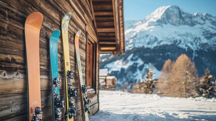  ski and snowboard equipment leaning against a wooden cabin, with snowy mountains in the background. 