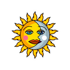 Sun and Moon Opposing Each Other Icon, Colorful Symbol of Day and Night