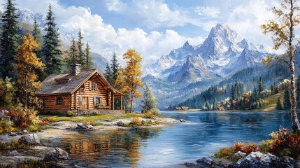 Fototapeta premium Oil painting on canvas summer landscape with wooden old house near river, beautiful flowers and trees. Nature landscape. Painting art