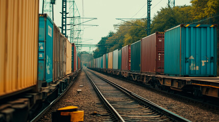 Obraz premium Freight train carrying containers on railway tracks