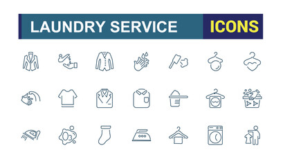 Laundry icons. Set of washing and cleaning minimal icon. Washing machine, dryer, clothes, detergent, fabric, dress. Vector illustration