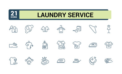 Laundry icons. Set of washing and cleaning minimal icon. Washing machine, dryer, clothes, detergent, fabric, dress. Vector illustration