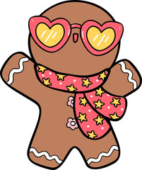 Groovy Retro Christmas Gingerbread man with heart glasses cartoon doodle hand drawn
