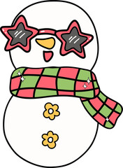 Groovy Retro Christmas Snowman wear star glasses cartoon doodle hand drawn