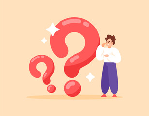 concept of FAQ or frequently asked questions. question and answer service. looks confused and wondering. illustration of a man next to a big question mark symbol. flat style design. elements