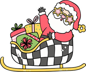 Groovy Retro Christmas Santa with disco sleigh and gifts cartoon doodle hand drawn