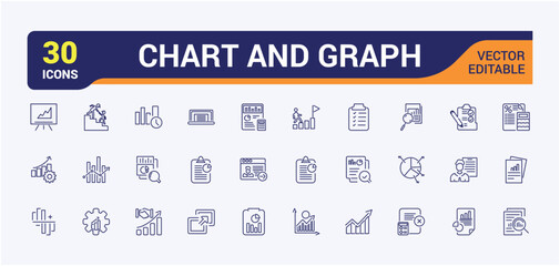 Graphs and Growth Analytics icons set. Diagrams, financial profits, progress. Vector illustration in modern thin line style of Chart icons.