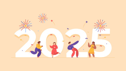 happy new year 2025 concept. celebrating new year's eve. fireworks party celebration, event, or festival. illustration of people dancing and having fun at new year's eve party. flat style design