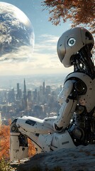 Fototapeta premium A futuristic robot contemplating a cityscape under a distant planet.