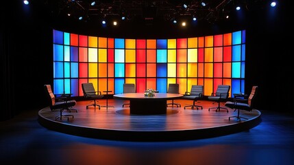 Modern stage setup for panel discussion with lights.