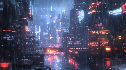 Obraz premium City streets glimmering with neon colors under steady evening rain image