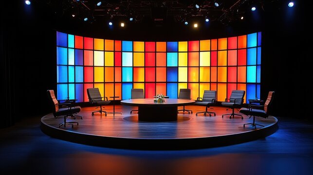 Modern stage setup for panel discussion with lights.