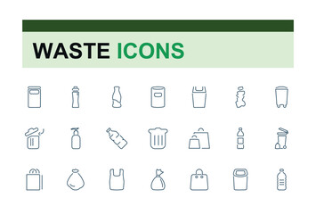 Waste and Recycling line icons. Set of garbage icon collection. Trash, used, bottle, bag, can, container and more. Waste recycling icon pack.