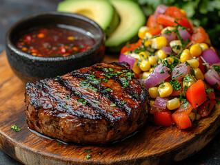 Grilled pork steak with a smoky chipotle sauce, served with roasted red peppers, avocado, and corn salsa, on a rustic wooden board.