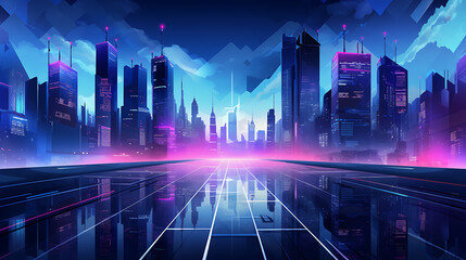 Obraz premium Futuristic cityscape with vibrant neon lights and reflections