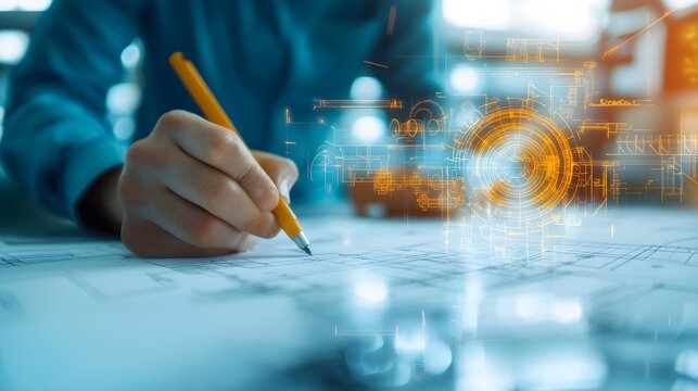 Technical draftsman creating detailed industrial blueprints, focused on precision and design, showcasing expertise in engineering drawings