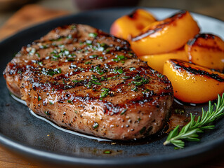 Grilled pork steak with grilled peaches and rosemary, plated on a dark, round ceramic plate, with a rustic wooden table and natural light coming through the window.