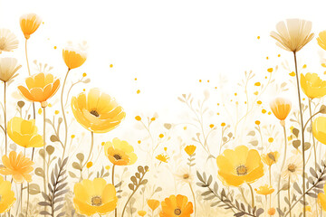 Bright yellow flowers bloom in soft watercolor background, creating cheerful atmosphere