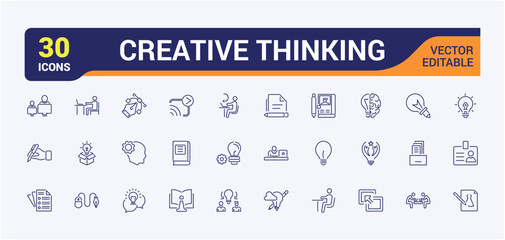Creative and Creative work icon set. Solution, brainstorming, innovation, Lightbulb, brain, thinking and more. Editable stroke icons collection vector illustration.