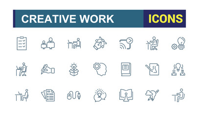 Creative and Creative work icon set. Solution, brainstorming, innovation, Lightbulb, brain, thinking and more. Editable stroke icons collection vector illustration.