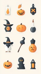 Festive Halloween-themed illustrations featuring playful pumpkins and spooky elements.