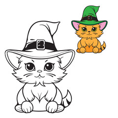cute orange cat wearing witch hat pretty eyes halloween illustration tattoo style vector sticker line art for coloring design