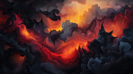 A painting of a fiery, dark sky with a few clouds