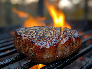 Pork steak sizzling on the grill with flames licking the sides, seasoned with black pepper and sea salt, with a backdrop of an outdoor BBQ in the evening.
