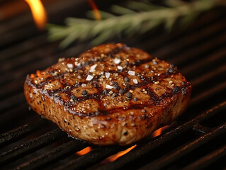 Pork steak sizzling on the grill with flames licking the sides, seasoned with black pepper and sea salt, with a backdrop of an outdoor BBQ in the evening.