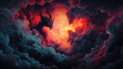 The devil form twists through a surreal dreamscape of fiery, abstract shapes, set against a dark, mysterious background that enhances its otherworldly presence.