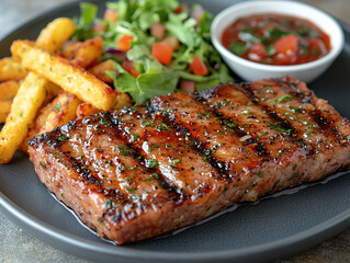 Pork steak with caramelized onions and red wine reduction, paired with crispy polenta fries and a mixed green salad, on a deep gray stoneware plate, with a rustic background.