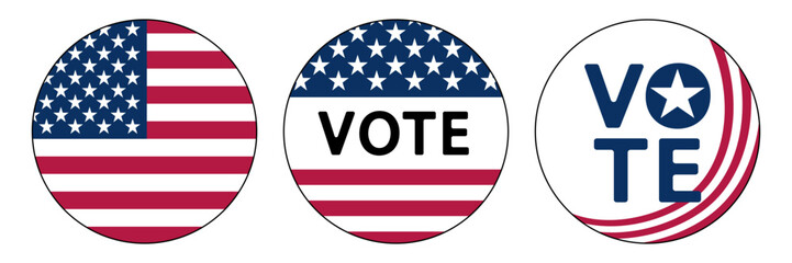 Set of round abstract badge with the US flag and the text VOTE for the Presidential election in USA. Vector illustration
