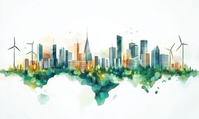 Fototapeta premium Sustainable city skyline with a watercolor green world map, wind turbines, and modern buildings