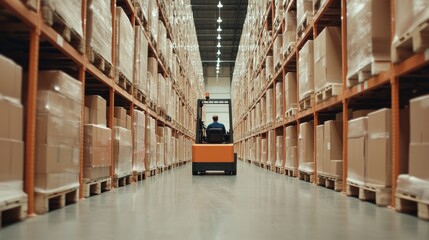 Forklift Driving Through Warehouse Aisle.